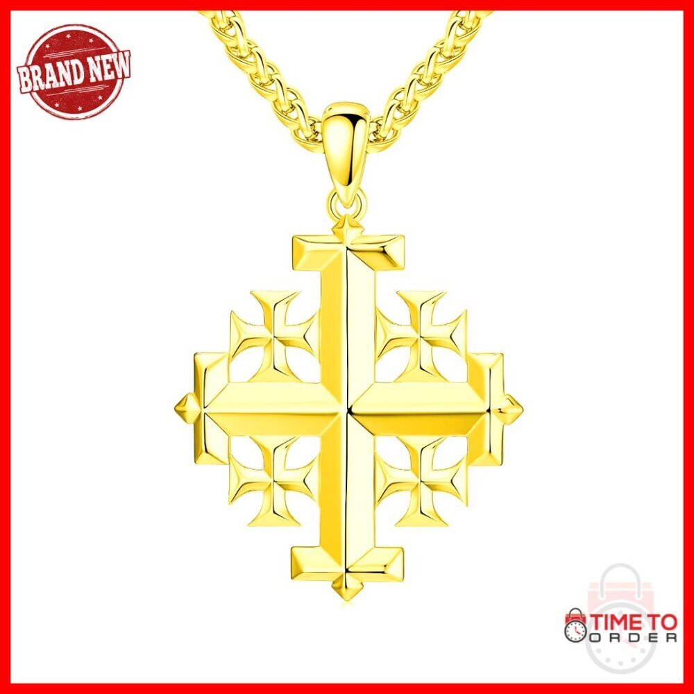 Sterling Silver Jerusalem Cross Necklace for Men with 22+2 Inch Chain
